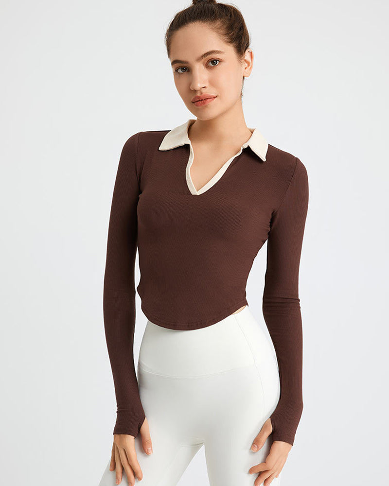 Lapel Collar Contrast Sweatshirt Breathable Stretch Yoga Tops