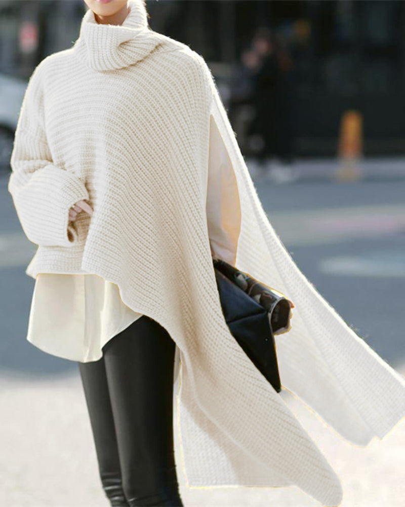 Chic Split Turtleneck Irregular Knitted Sweater