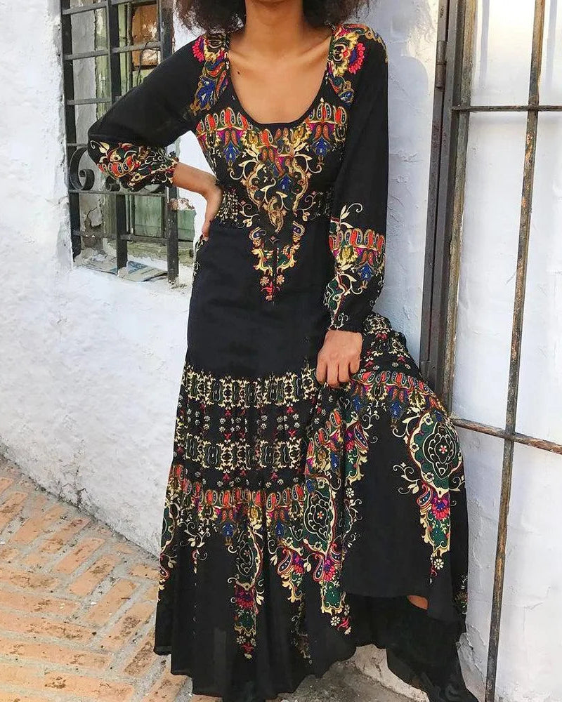 Round Neck Long Sleeve Leisure Retro Dress Pattern Printed Bing Swing Flowy Straight Long Dress