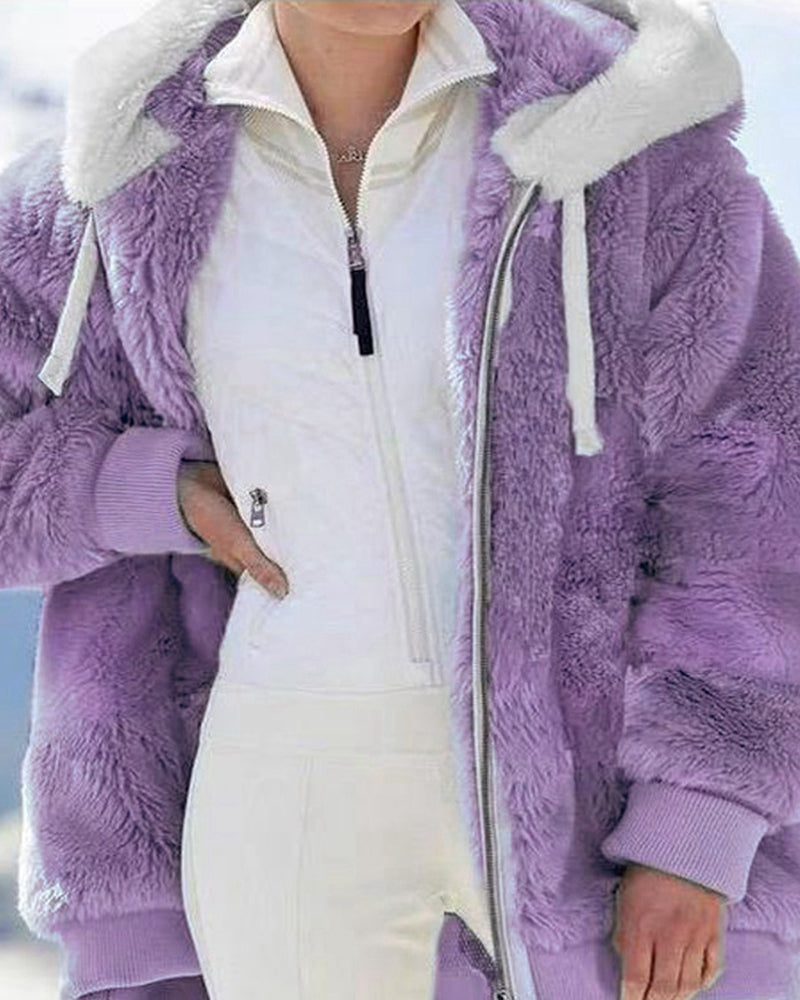 Plus Size Zipper Lamb Wool Padded Hooded Coat