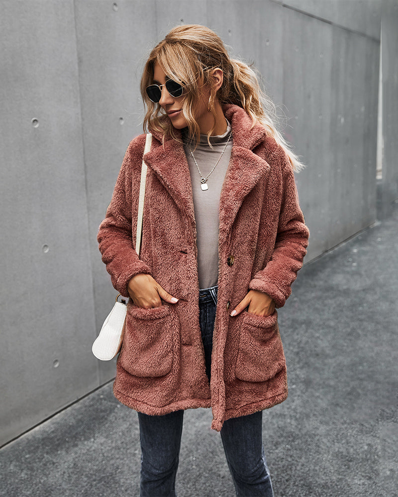 Lapel Collar Double Pockets Teddy Jacket