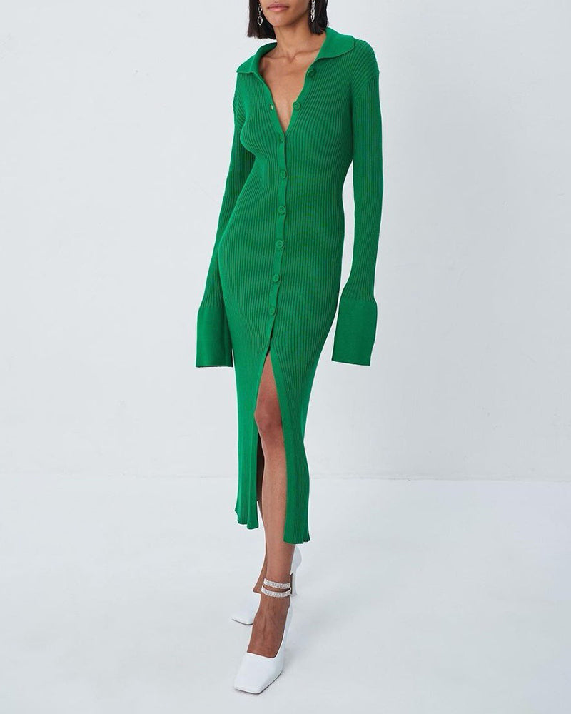 Sexy Button V-Neck Long Bell Sleeve Sweater Dress