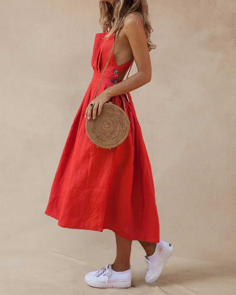 Strap Button Waist Pleated Dress
