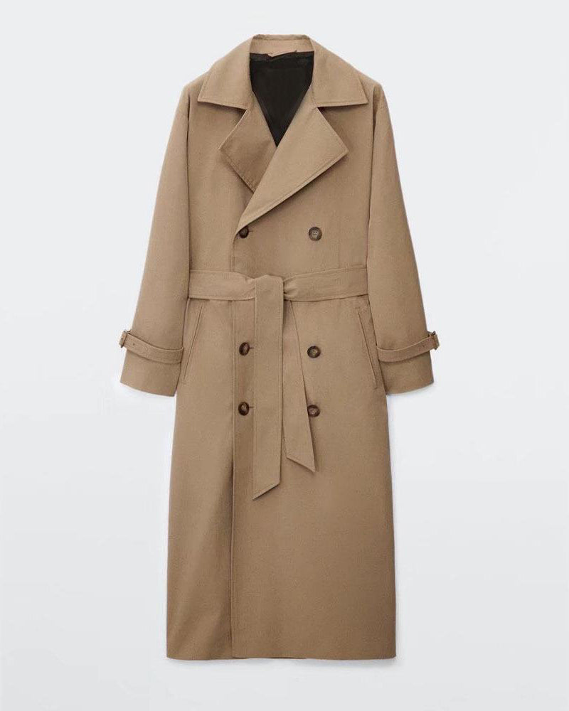 Retro Double-breasted Knee Trench Coat Jacket with Belt