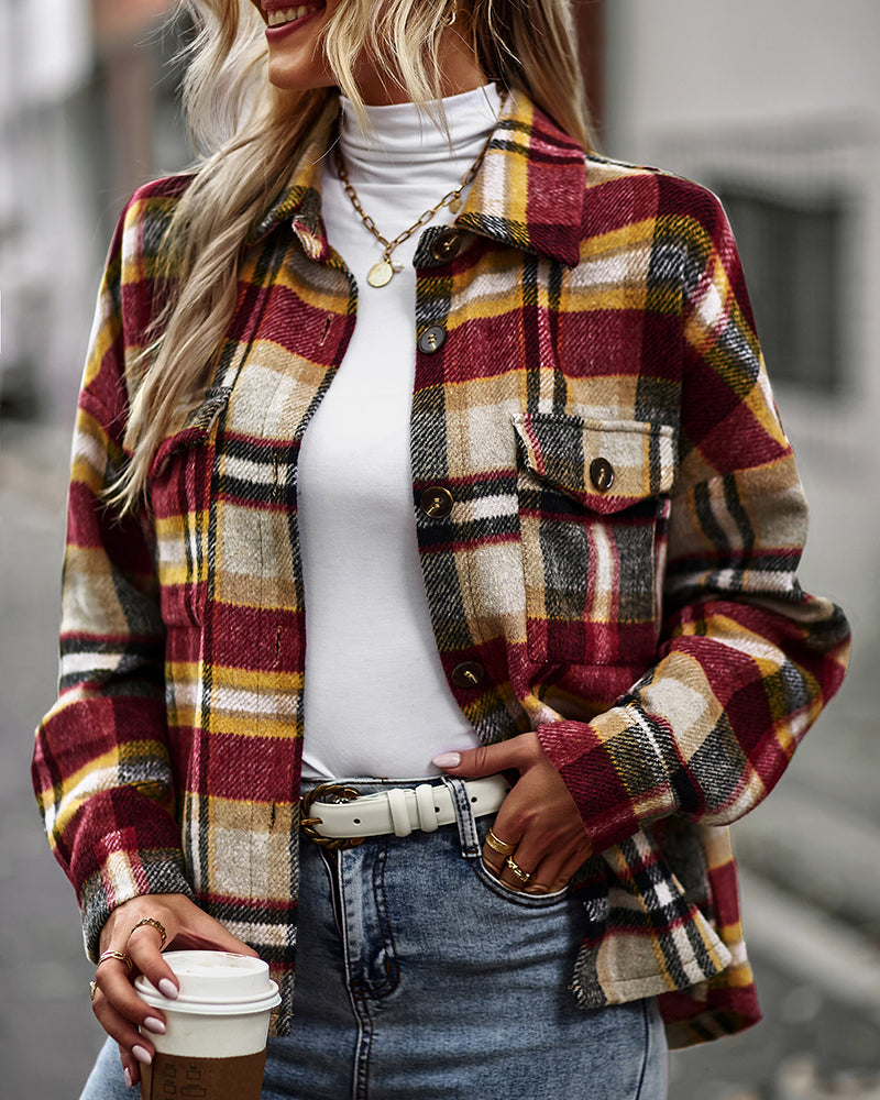 Plaid Dropped Shoulder Shirt Jacket with Breast Pockets