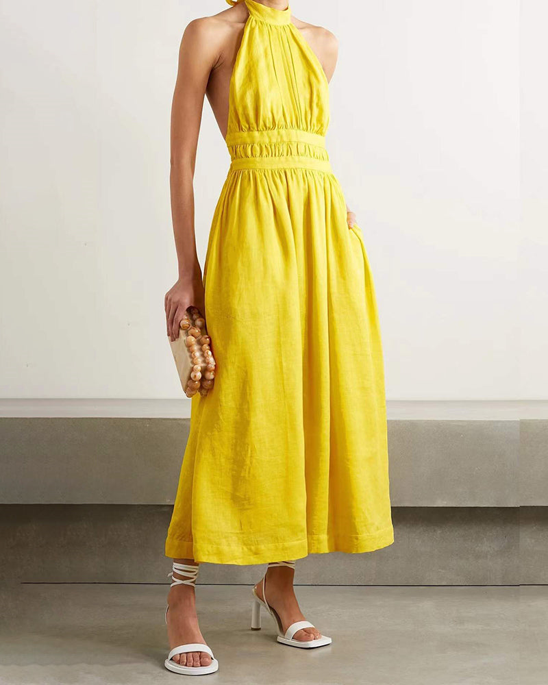 Evening Dress Yellow Open Back High Waist Solid Color Dress