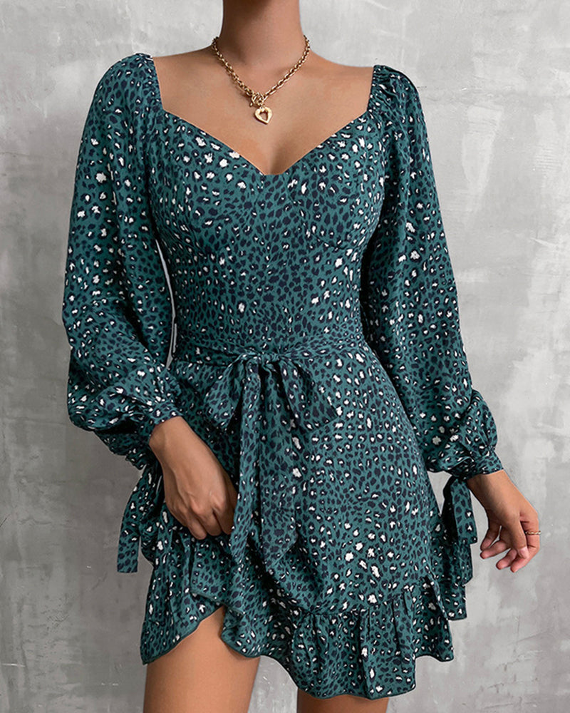Leopard Tie Cuff Ruffle Hem Belted Dress