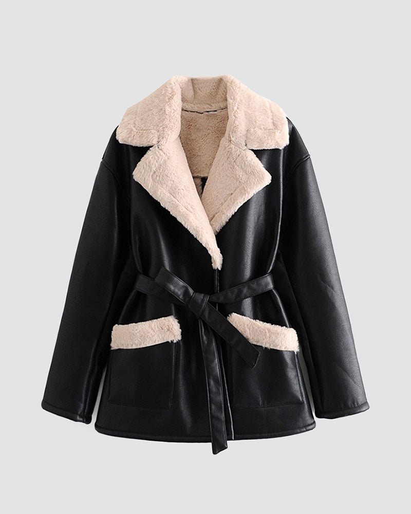 Lapel Faux Leather Blazer Jacket with Belt