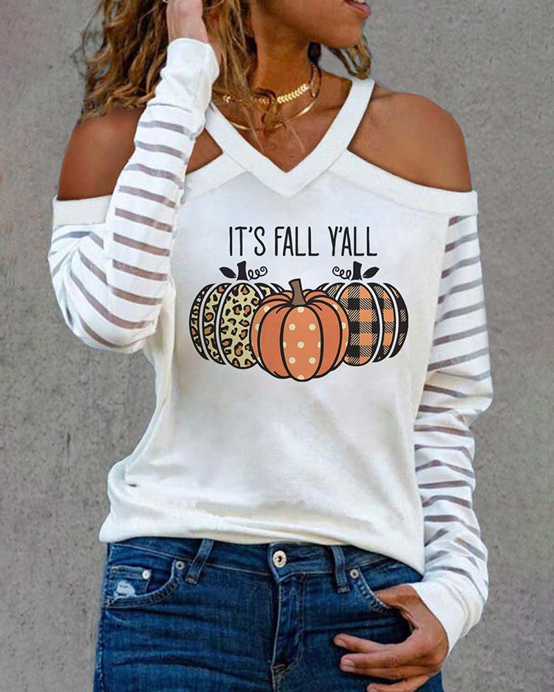 Pumpkin Letter Print Striped Cold Shoulder Top