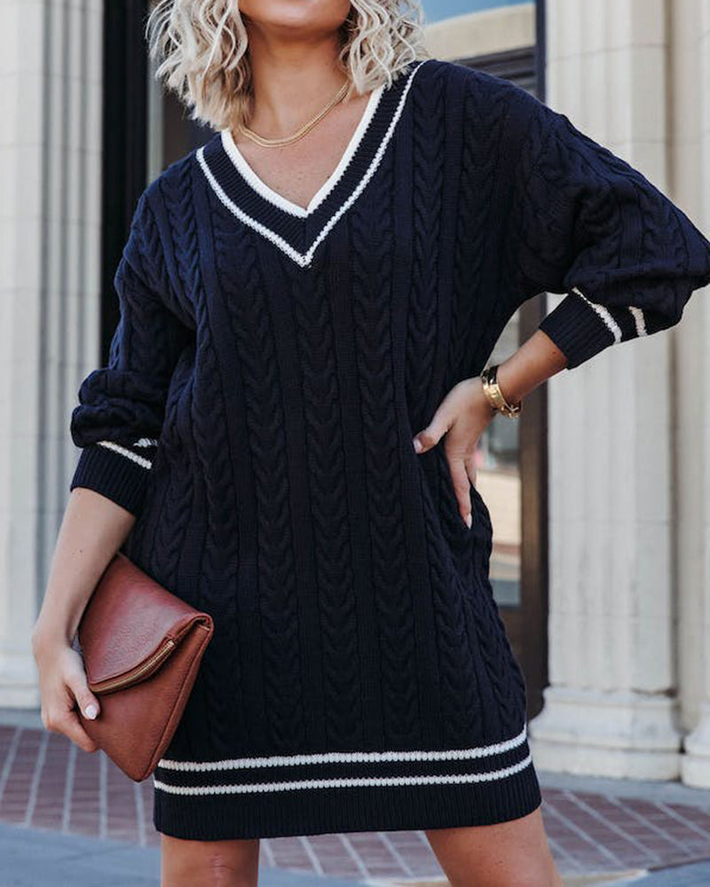 V-neck Twisted Thick Long-sleeved Knitted Dress