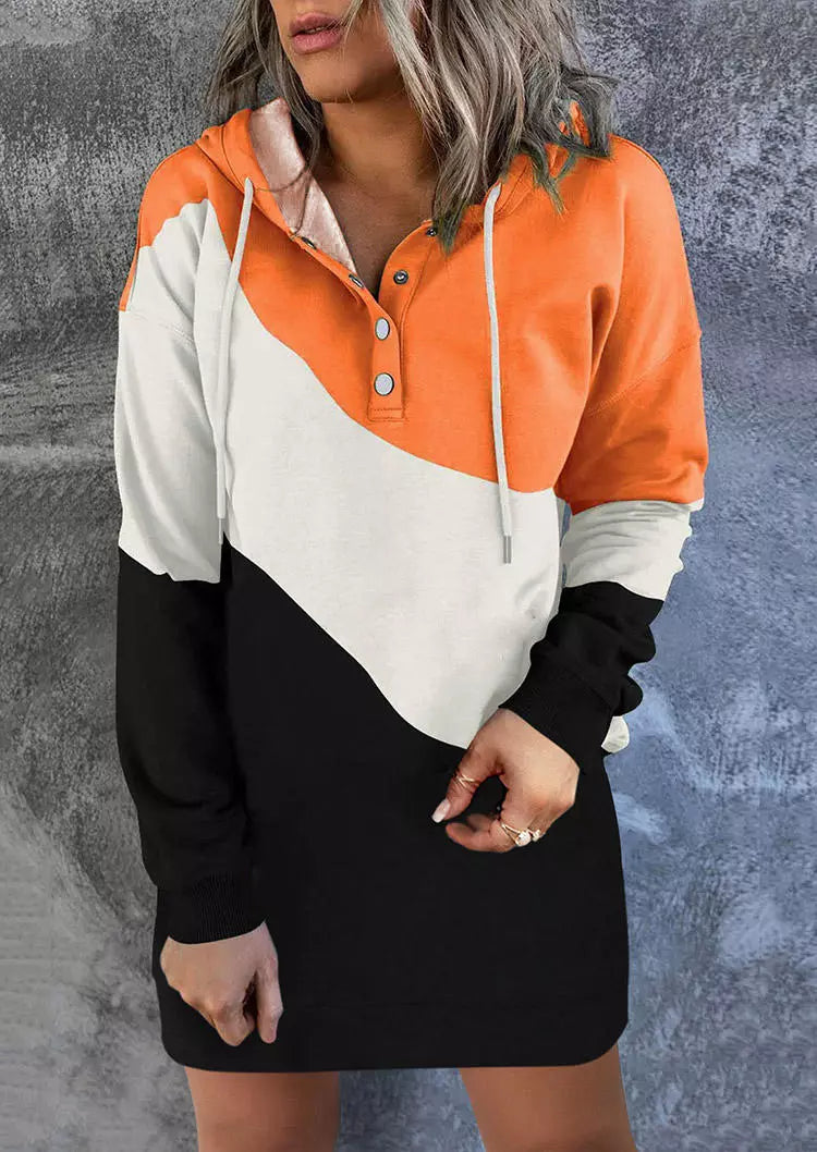 Color Block Button Hooded Mini Dress