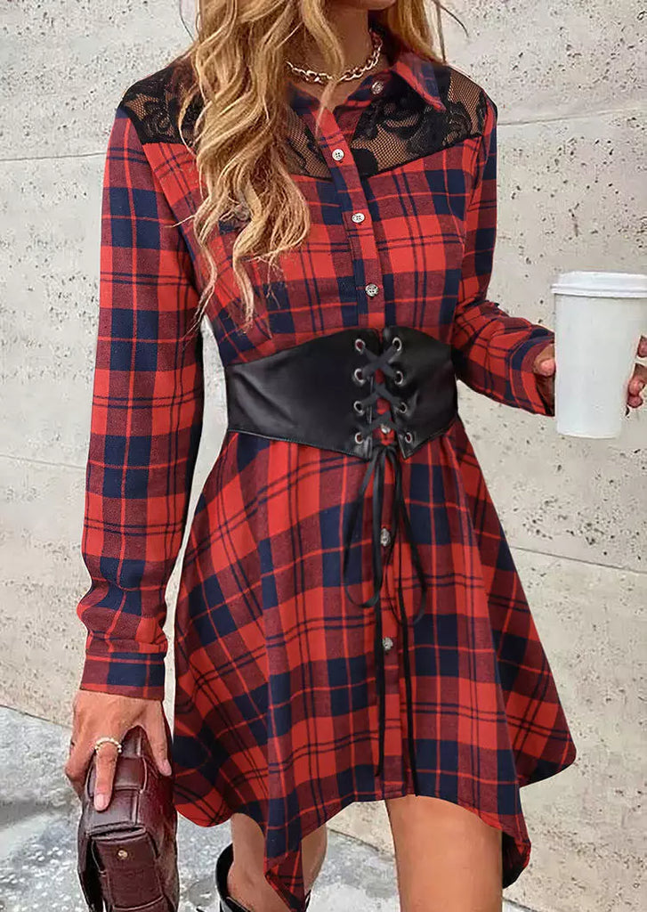 Plaid Lace Splicing Button Lace Up Mini Dress