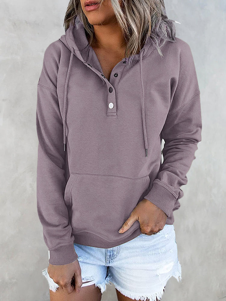 Solid Button Front Hoodie with Pocket