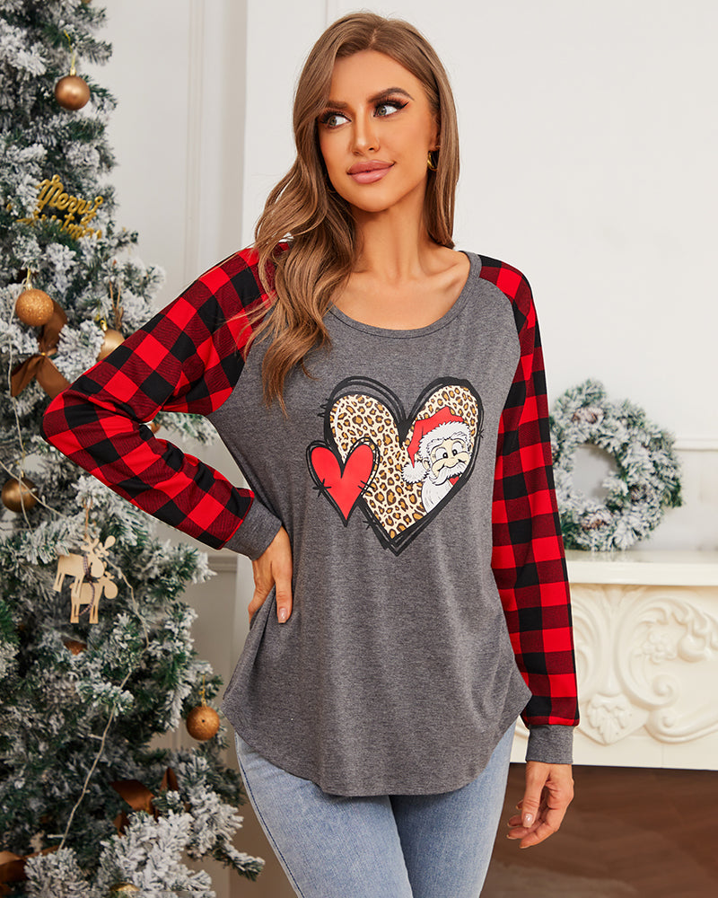 Christmas Santa Claus Leopard Print Tops O-neck T Shirt