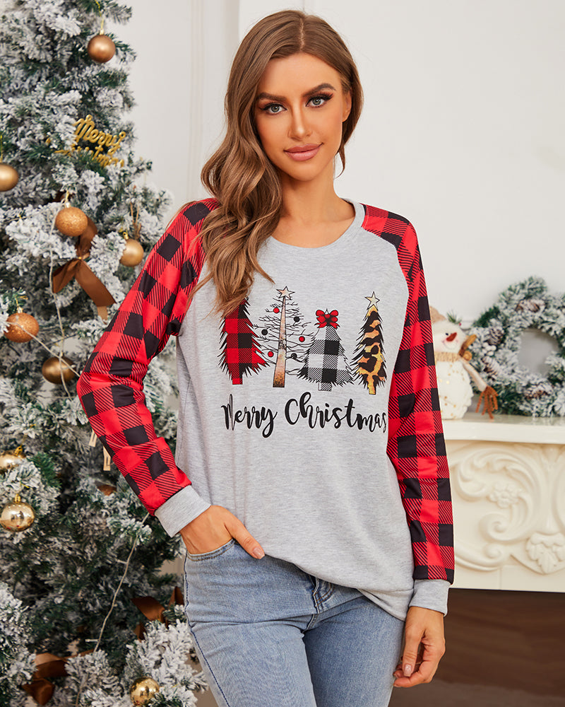 Christmas Print Color Block Tops O-neck T Shirt