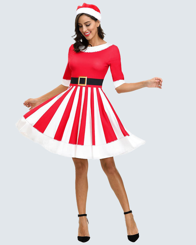 Christmas Print 1/2 Sleeve Knee Length Party Dress