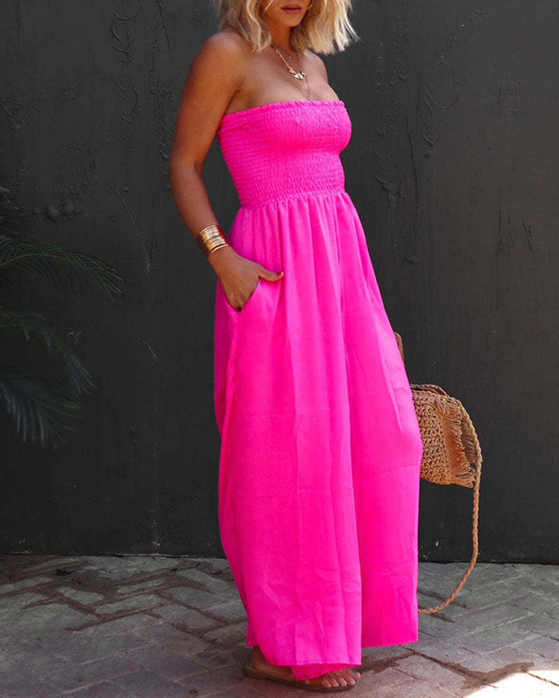 Loose Casual Pleated Tube Top Wide-leg Pants Jumpsuit