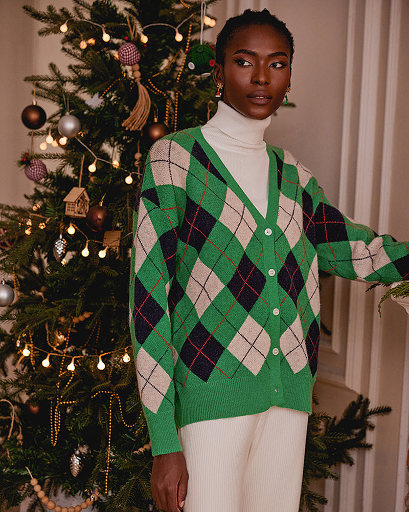 Diamond Check Contrasting Knit Cardigan