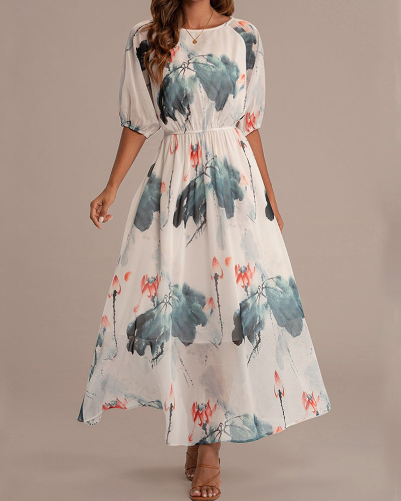 Round Neck Half Sleeve Tie Waist Maxi Dress