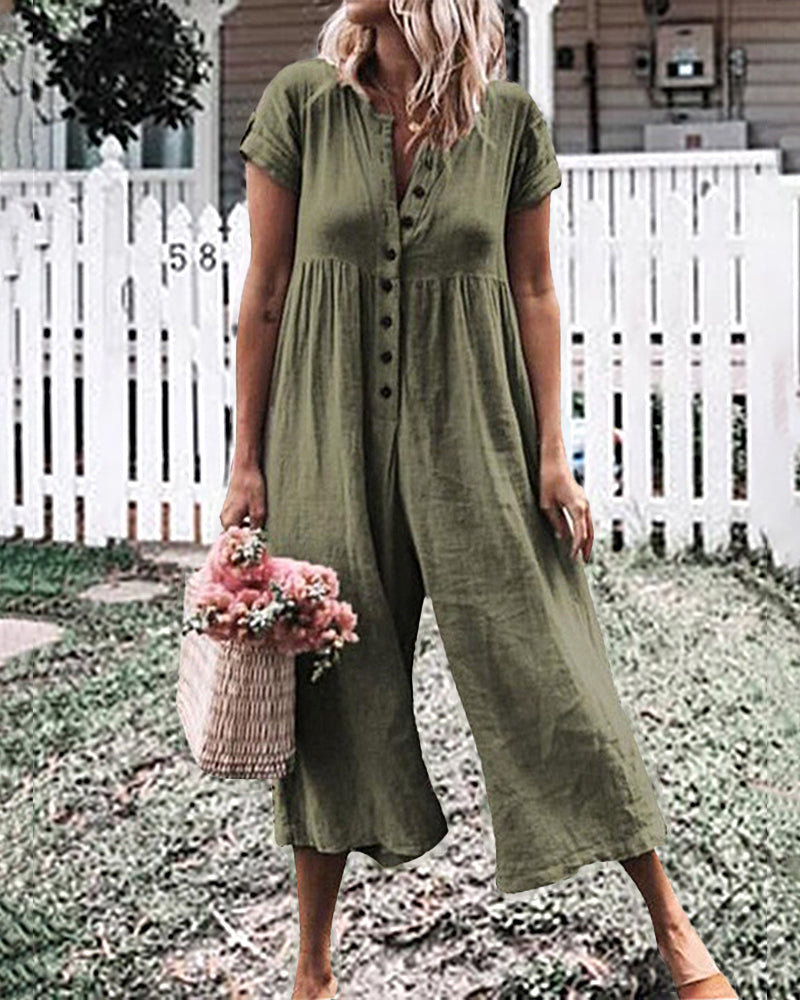 Casual Short Sleeve Solid Color Rompers Vintage Button Beach Holiday V Neck Jumpsuit