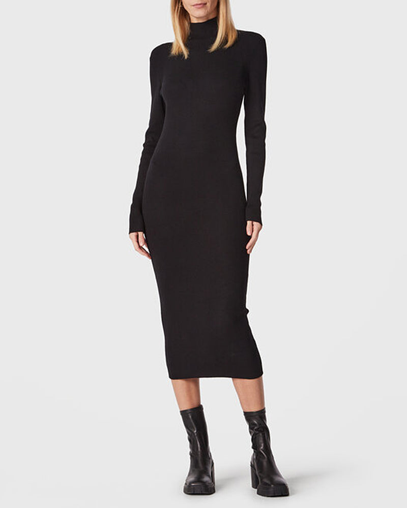 Mock Neck Long Sleeves Ribbed Maxi Dress