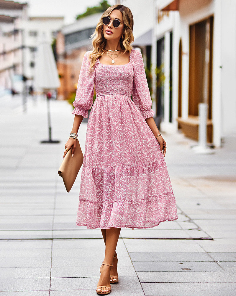 Boho Casual Dresses Vintage Square Neck Short Puff Sleeve Tiered Beach Midi Dress