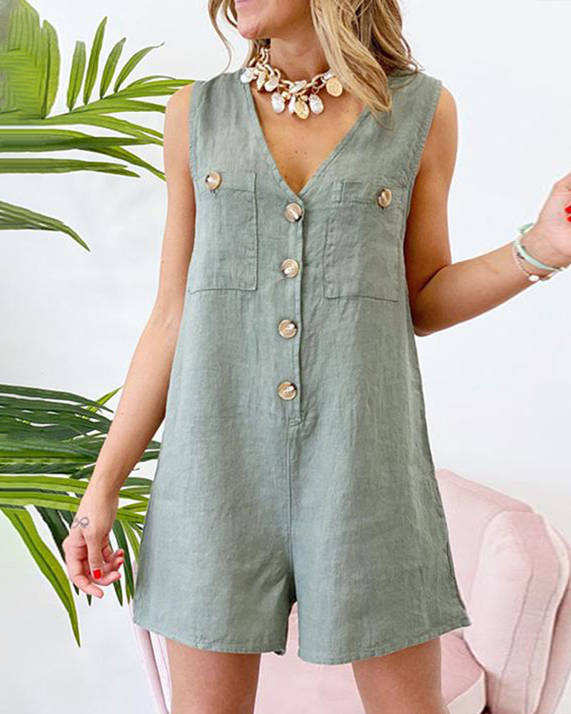 Patchwork Button Front Solid Colored V Neck Daily Wear Casual Daily Shorts Jumpsuits