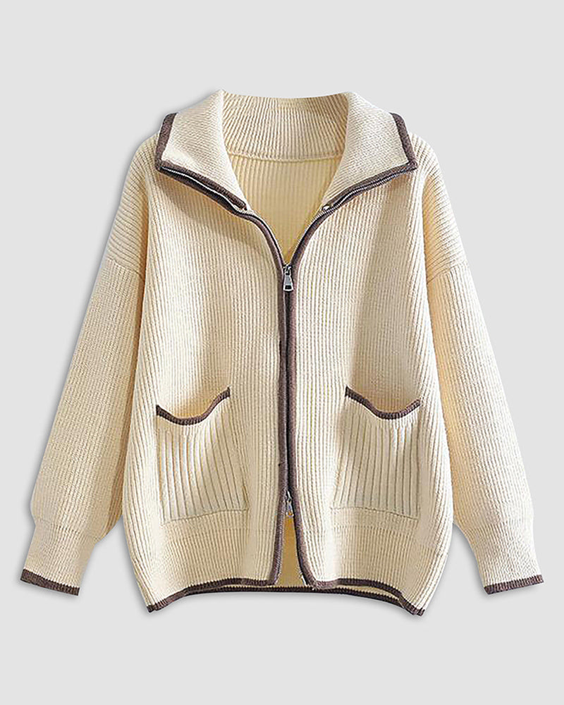 Vintage Lapel Double Zipper Sweater Cardigan