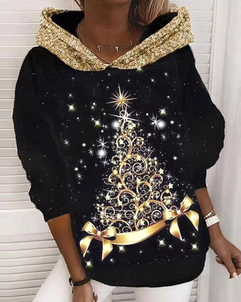 Christmas Tree Print Round Neck Hoodies Sweatshirts