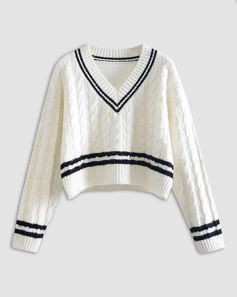 Preppy Retro Cropped V-Neck Twist Sweater