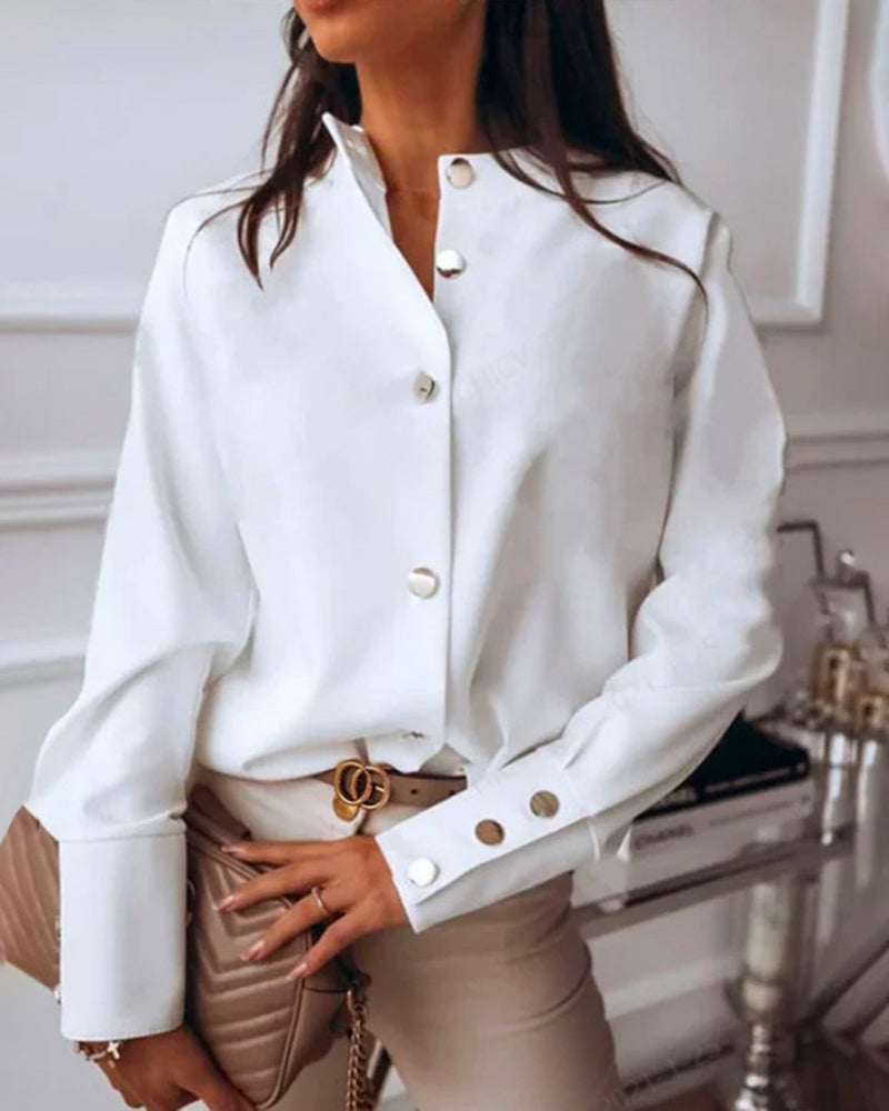 Solid Color Collar Long Sleeve Shirts Slim Tops