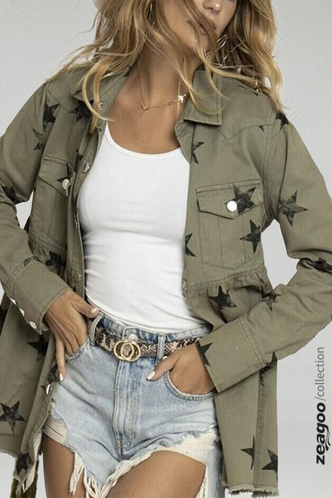 Frayed Raw Hem Star Print Mid Long Peplum Denim Jacket