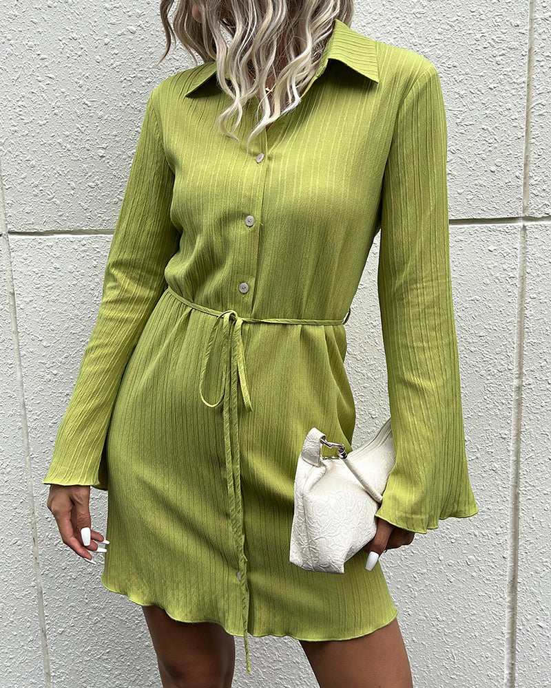 Turndown Collar Sash Short Avocado Green Beach Dress