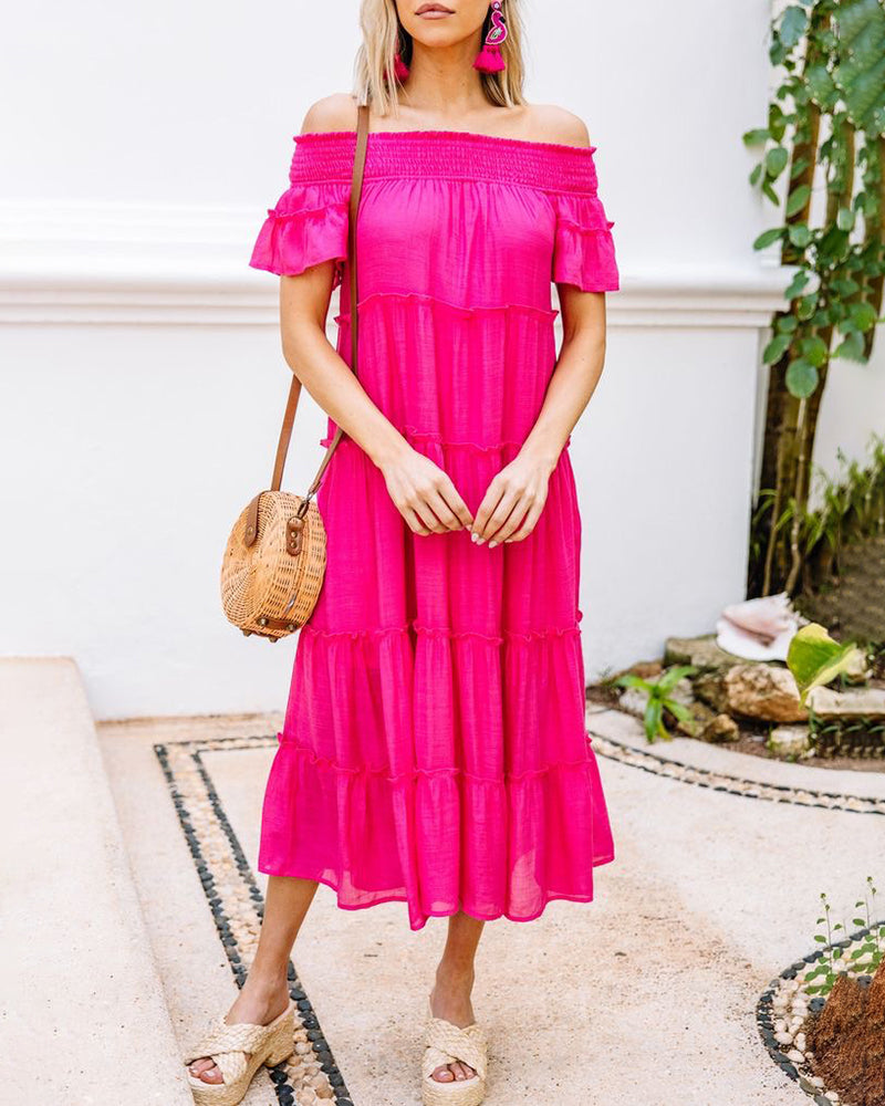 Off-Shoulder Ruffle Hem Solid Dress