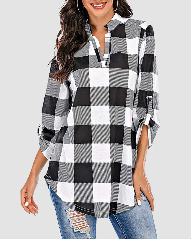Color Block Plaid Long Sleeve Shirt Slim Pull Over Button BLouse
