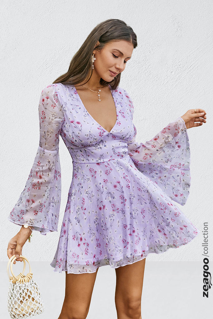 Plunging Neck Bell Sleeve Allover Floral Print Chiffon Dress