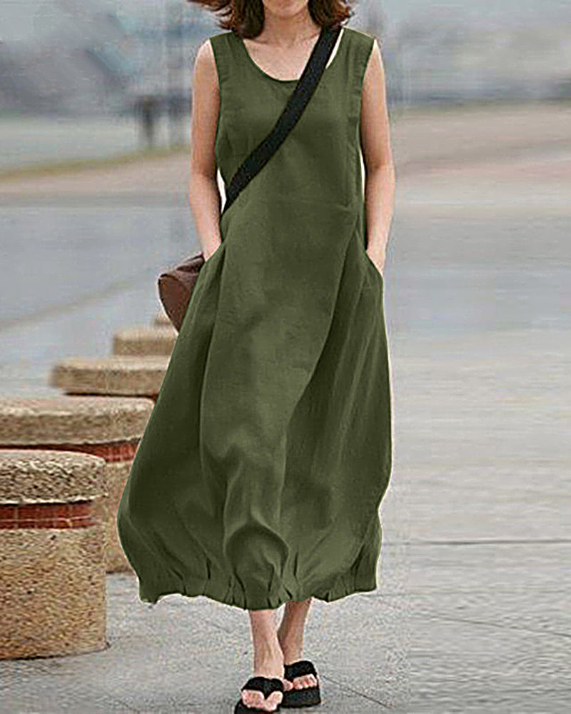 Loose Pleated Pocket Round Neck Elegant Sleeveless Dress