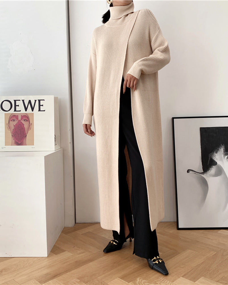 Chic Tall Neckline Long Split Turtleneck Top