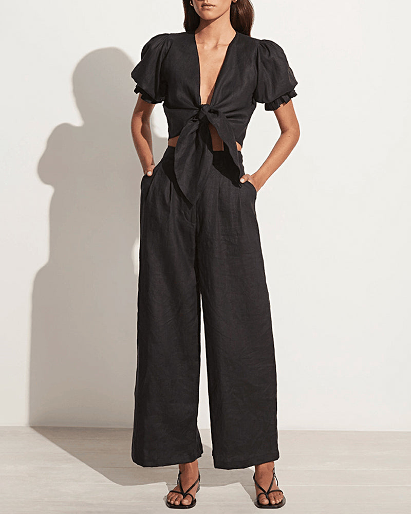 Two Piece Outfits Short Sleeve Tie Knot Cropped Tops Wide Leg Pants Sets