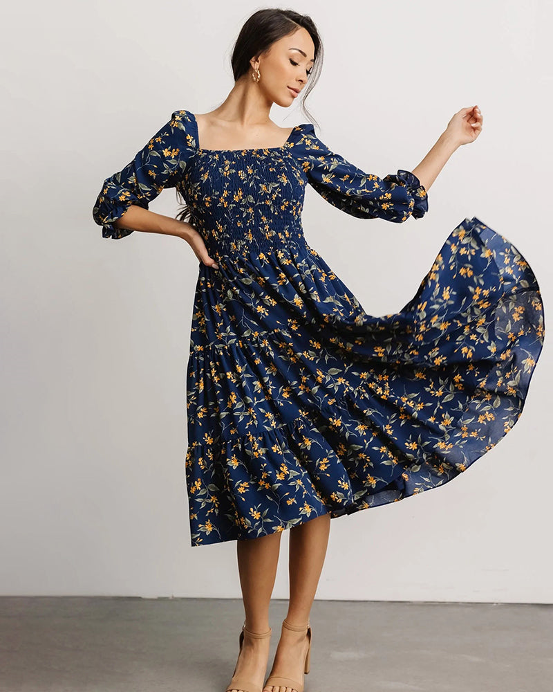 Elegant Floral Dress Lotus Leaf Lantern Half Sleeve Midi Dress
