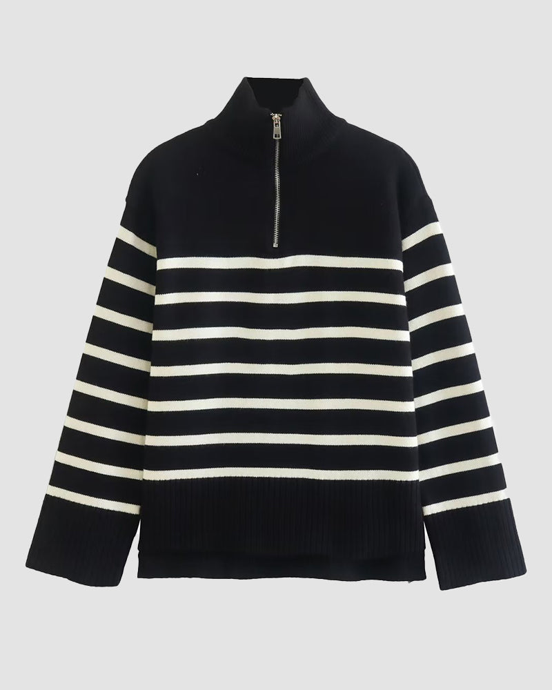 Zipper Turtleneck Loose Stripe Knit Sweater