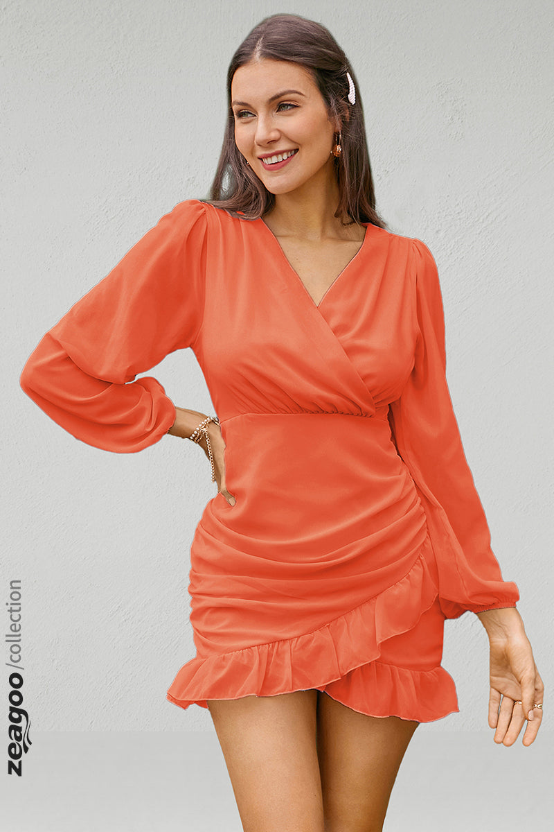 Ruched Wrap Ruffle Hem Dress