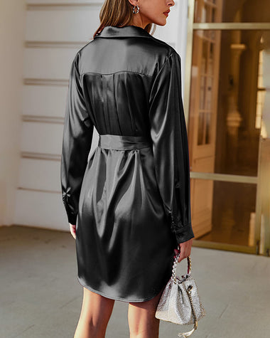 Long Sleeve Satin Shirt Dress with Button Down Tie Waist Mini Party Dress - Zeagoo (Us Only)