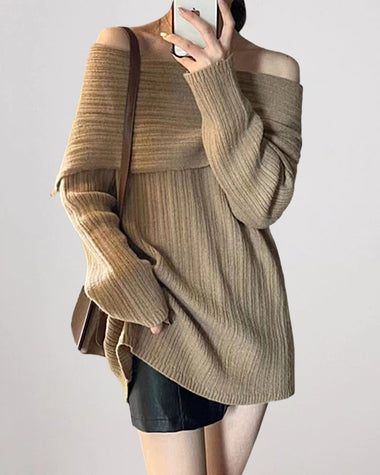 Off-Shoulder Plain Ribbed Sweater