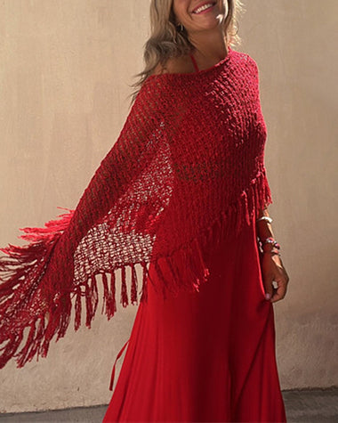 Dolman Sleeve Fringe Knit Sweater Pullover Cape Shawl Blouse