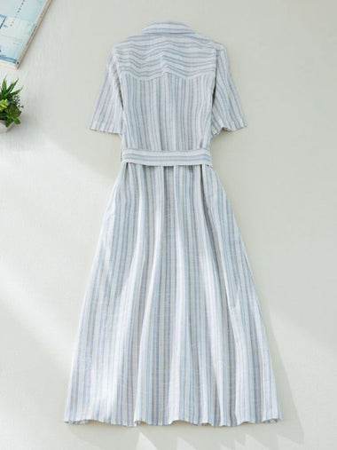 Short Sleeve Vertical Stripe Waist Shirt Dress with Belt