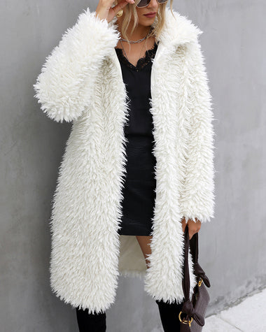 Open Front Fuzzy Coat Faux Fur Plush Lapel Warm Long Coat