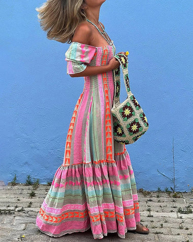 Geometric Color-block Bohemian Pleated Patchwork Half-sleeved Square-neck Dress