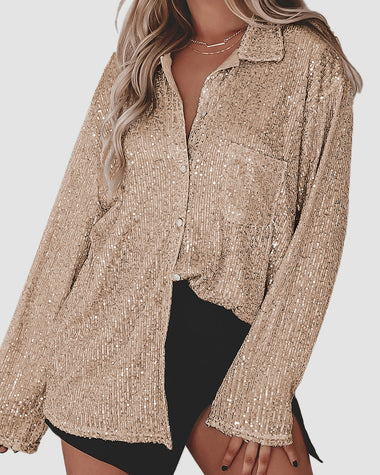 Solid Color Button-down Long-sleeve Sequined Cardigan Shirt