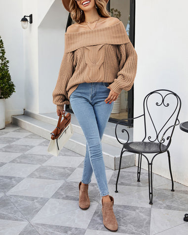 Knit Off-The-Shoulder Slim Soft Long Sleeve Pullover Sweater